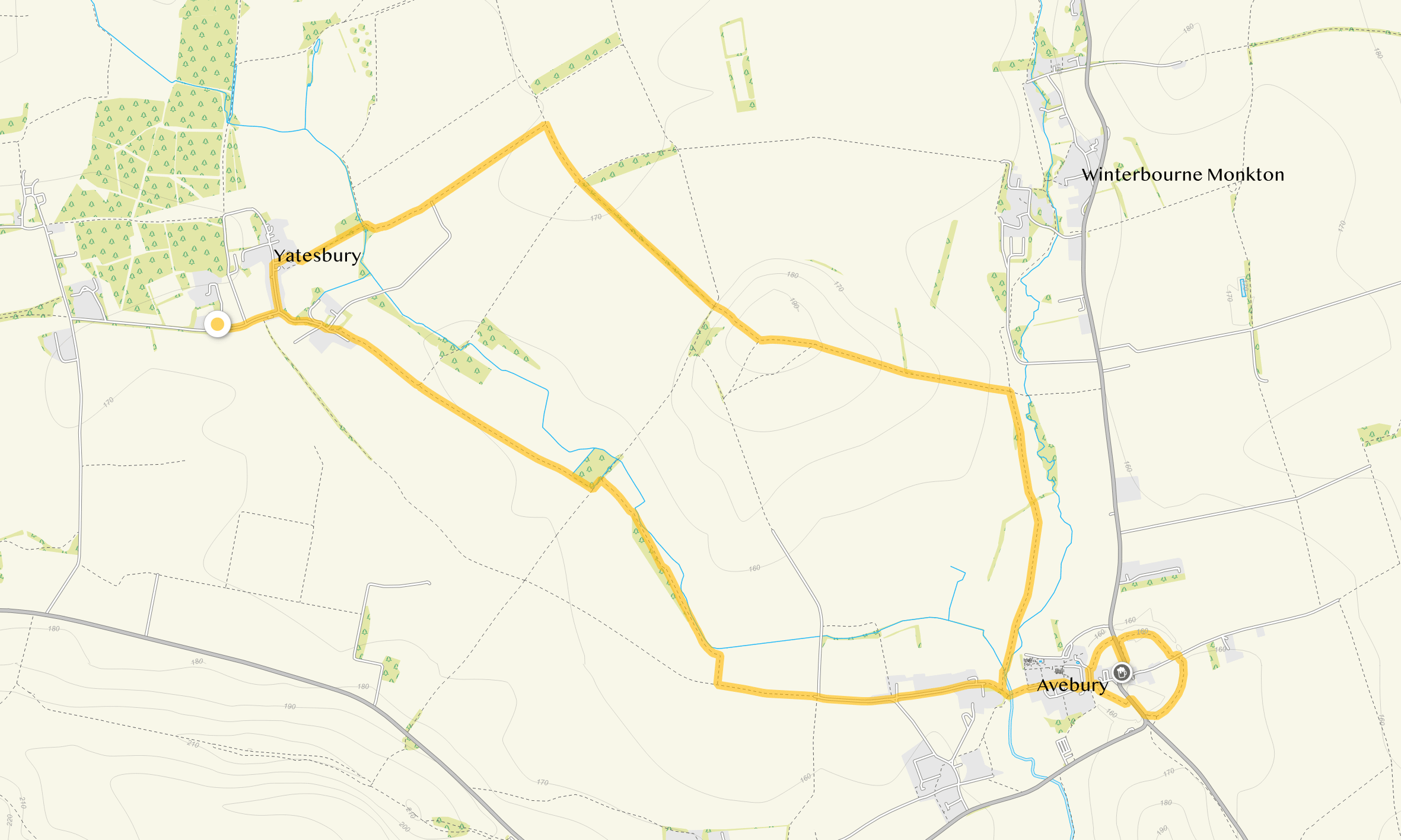 Route map for Yatesbury Walk 2, a 7 mile circular walk in Wiltshire